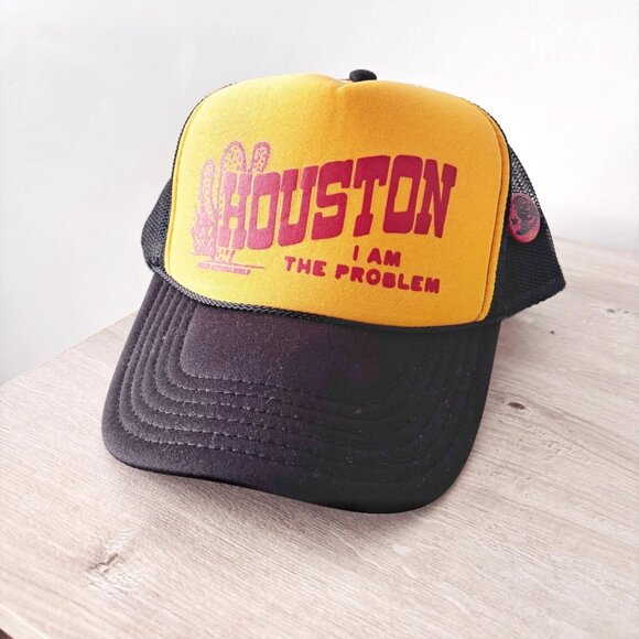 OTTO Mens Trucker Hat HOUSTON I AM THE PROBLEM Yellow Black mesh - Picture 1 of 6